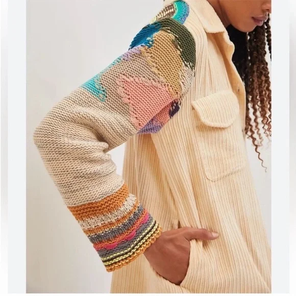 Anthropologie Pilcro Crochet Sleeve Multicolor Button Down Shacket Size M - Picture 1 of 16